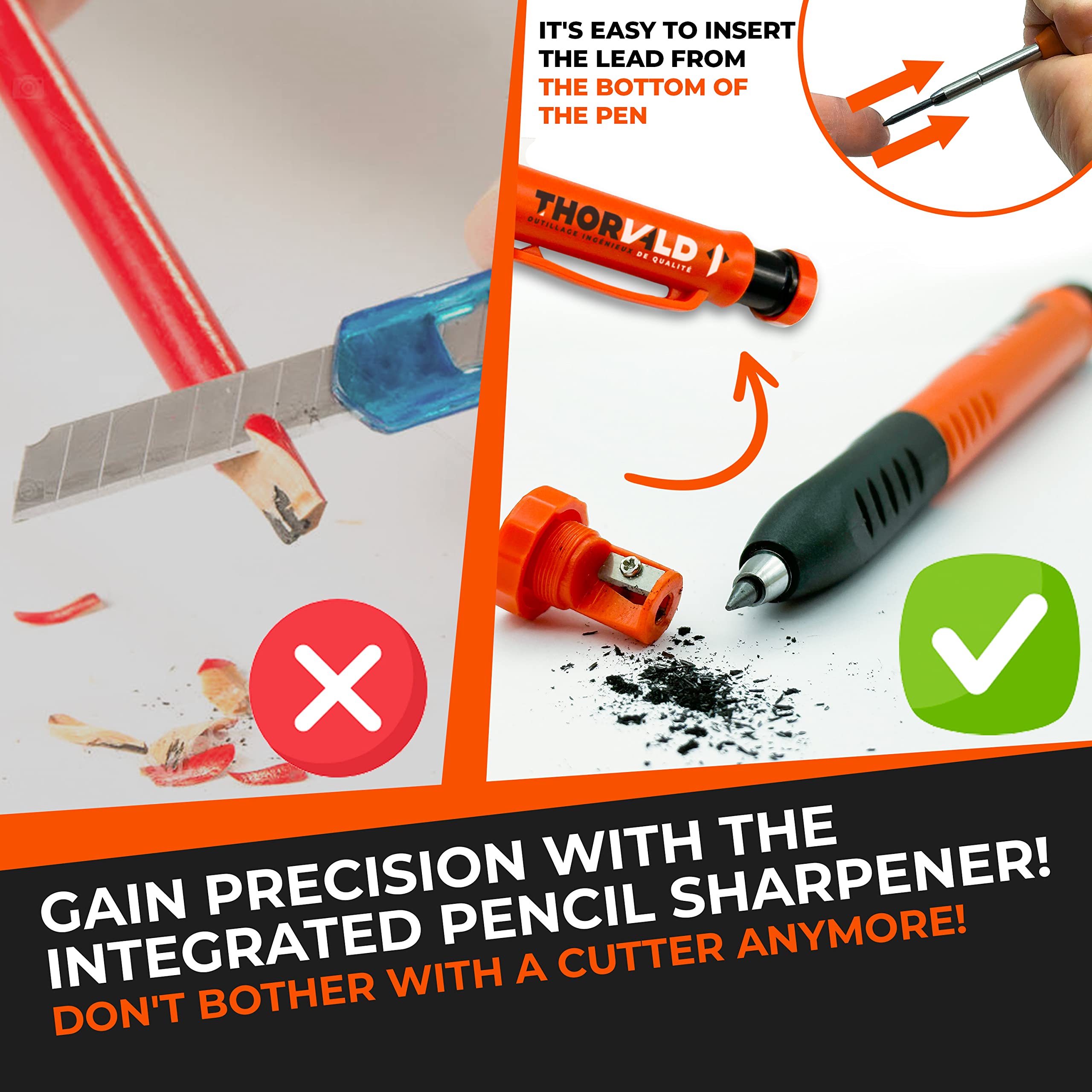 THORVALD Pro Carpenters Pencil Set [and 7 Leads and Lead Sharpener and Easy-Write Grip] For Carpenter Handyman DIY for Drawing Writing Tracing on Wood Metal Concrete Tile