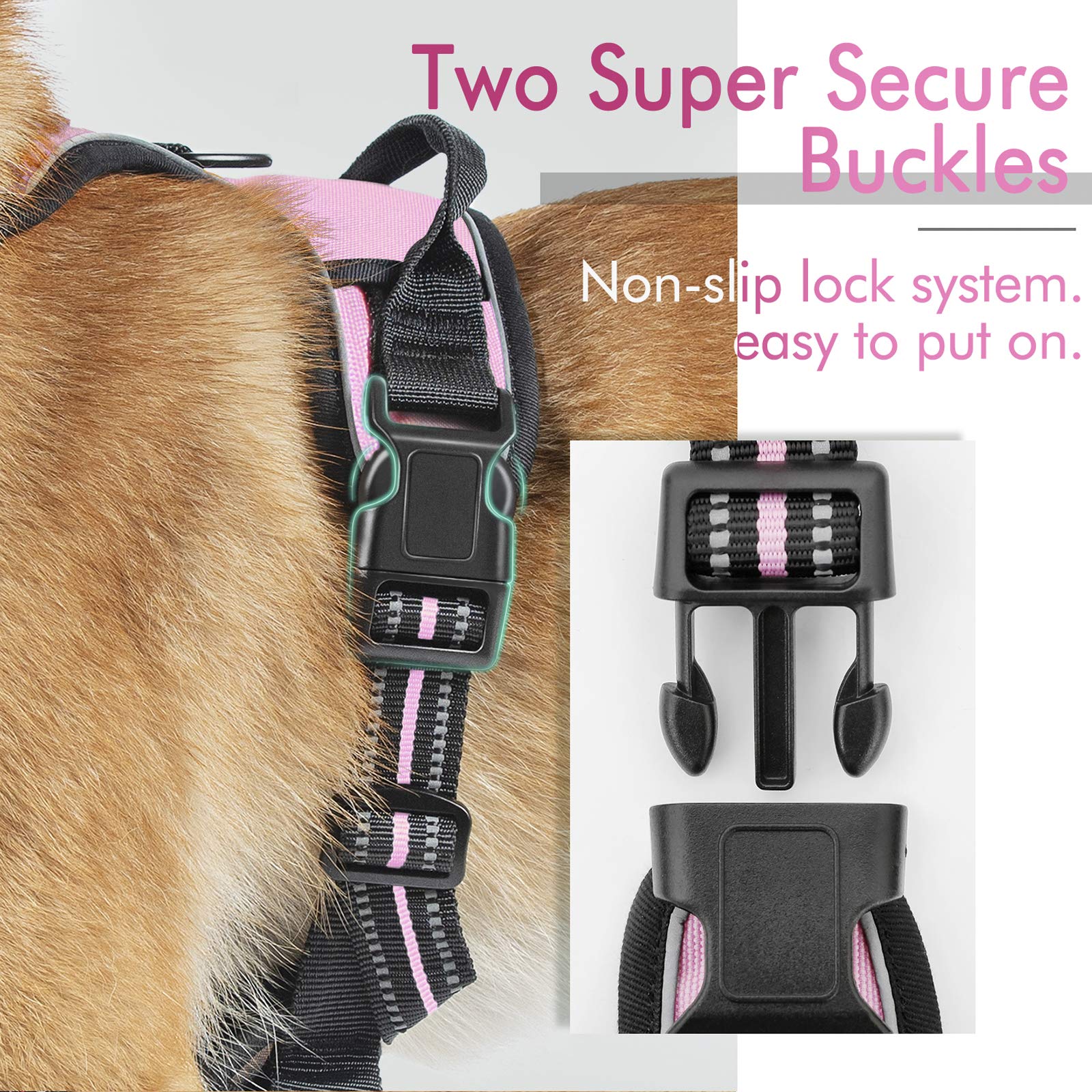 rabbitgoo Dog Harness Small Dog No Pull Pet Harness with 2 Leash Clips, Adjustable Soft Padded Pet Vest Harness, Reflective No-Choke with Easy Control Handle for Training or Walking, Pink, XS