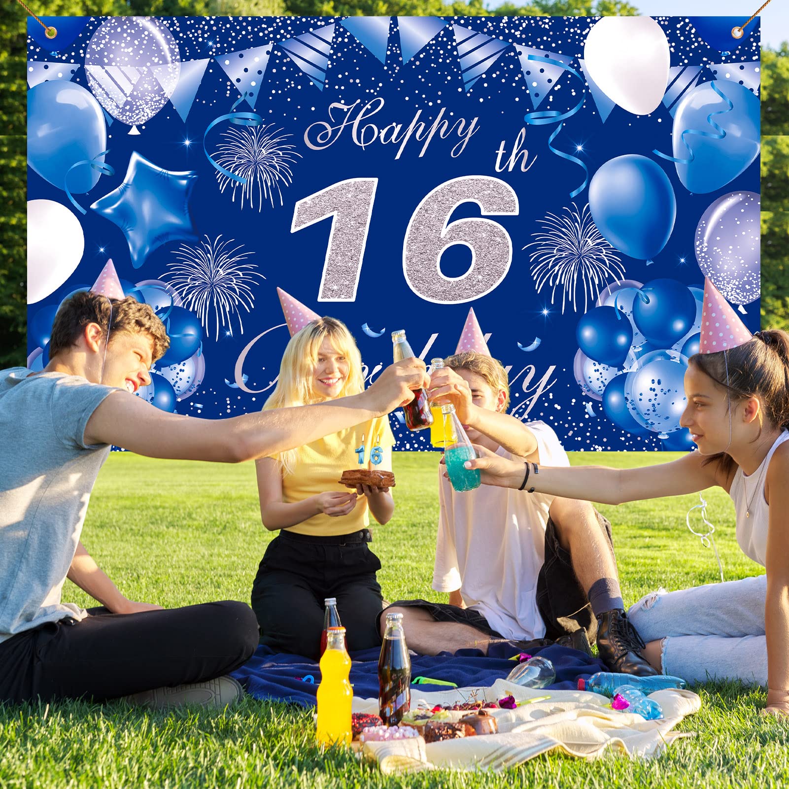 Pinenuts Happy 16th Birthday Backdrop Banner Blue 16th Birthday Decorations for Boys Girls, Large Fabric Birthday Photo Background Birthday Sign Poster, 3.6 x 6.1 ft