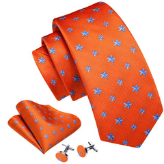Barry.Wang Men's Orange Tie Set Wedding Pattern Necktie Pocket Square Cufflink Design Fashion Wedding