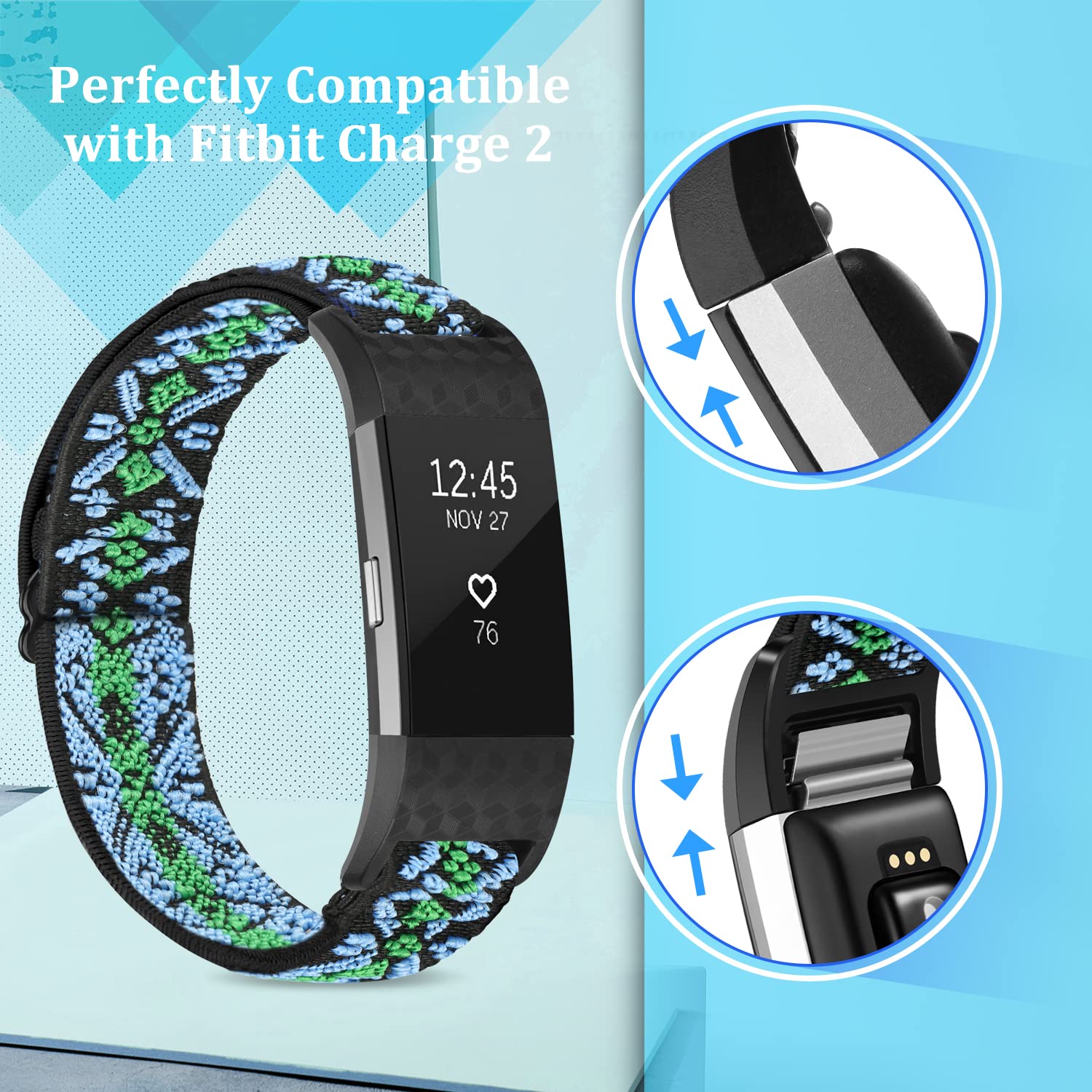 TumpCez Elastic Strap Only Compatible with Fitbit Charge 2，Adjustable Stretchy Nylon Sports Replacement Band for Men Women