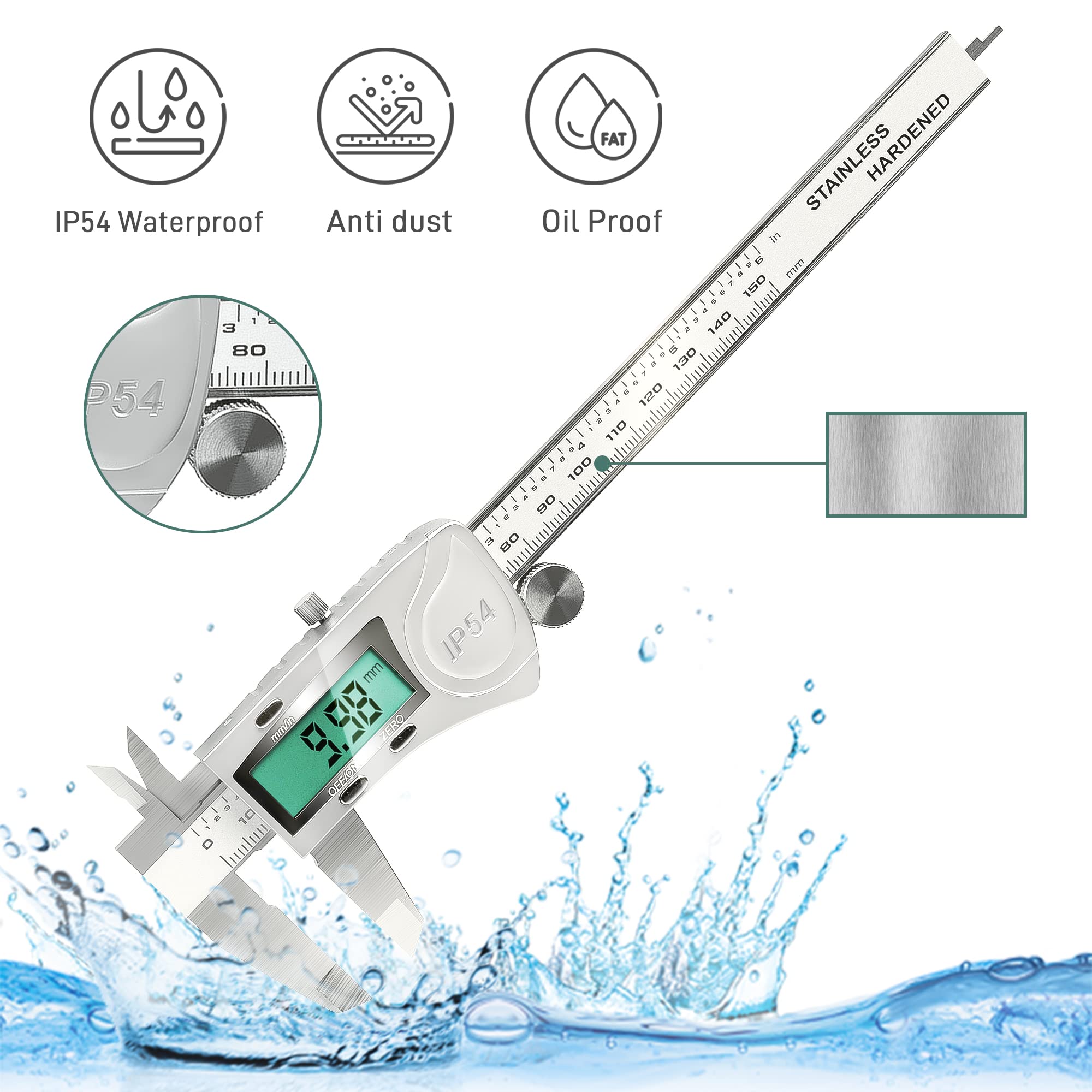 LOUISWARE Digital Caliper, IP54 Waterproof Stainless Steel Caliper Measuring Tool, Vernier Caliper with Huge LCD Screen, Auto - Off Feature, Inch and Millimeter Conversion (6 Inch /150 mm)