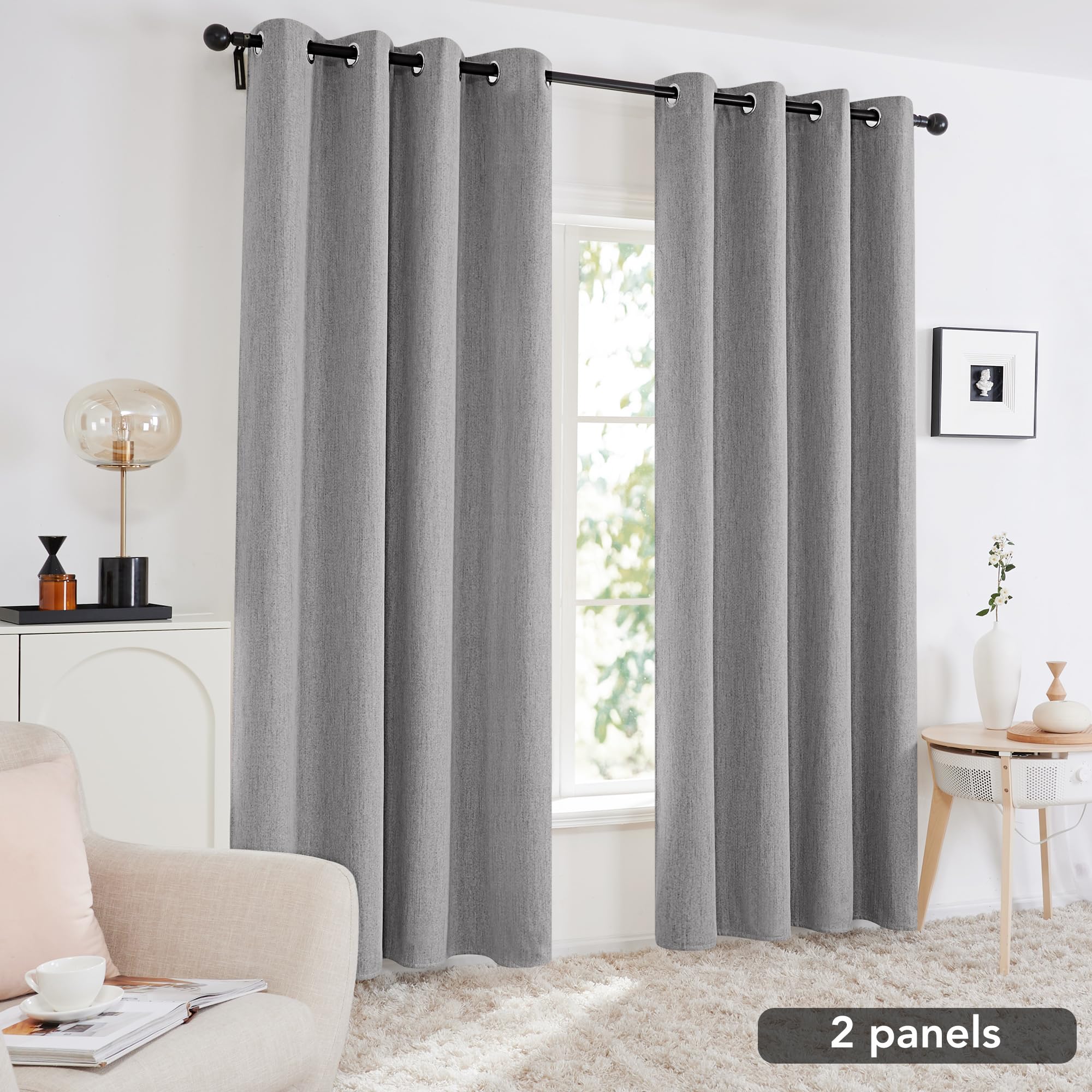 Deconovo 100% Blackout Curtains Eyelet, Window Treatment, Faux Linen Curtains, Natural Thermal Curtains for Nursery, 52x63 Inch(Width x Length), Grey, 2 Panels