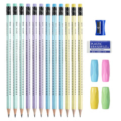 OFFCUP HB Pencils, 12pcs Pencils with Rubbers, Presharpened Pencil Writing Pencils with Rubbers on The End with 4 Pen holders, Pencil Sharpener and Rubbers for School Children Handwriting and Drawing