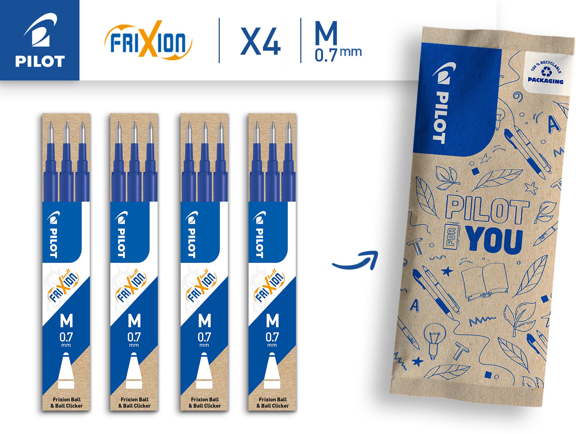 PILOT FriXion Refills 0.7 - Pack of 12 (Set of 3), Colour Blue - FriXion Erasable Ink Refills - Compatible with FriXion Ball & FriXion Clicker - Medium Strength - Gel Rollerball Refill