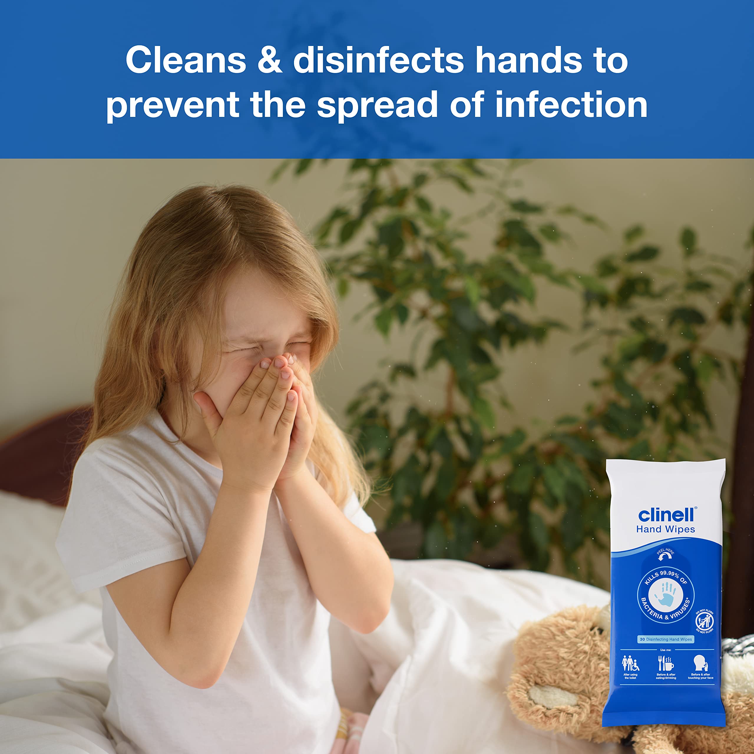 Clinell Antimicrobial Hand Wipes for Cleaning & Disinfecting - Sanitising Wipes, Ideal for Travel - Dermatologically Tested, Kills 99.99% of Bacteria & Viruses* - Pack of 30 Wipes, Blue, Pack of 1