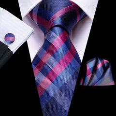 Dubulle Mens Checks Tie Set Pink and Blue Plaids Checks Necktie Handkerchief Cufflinks Business Formal