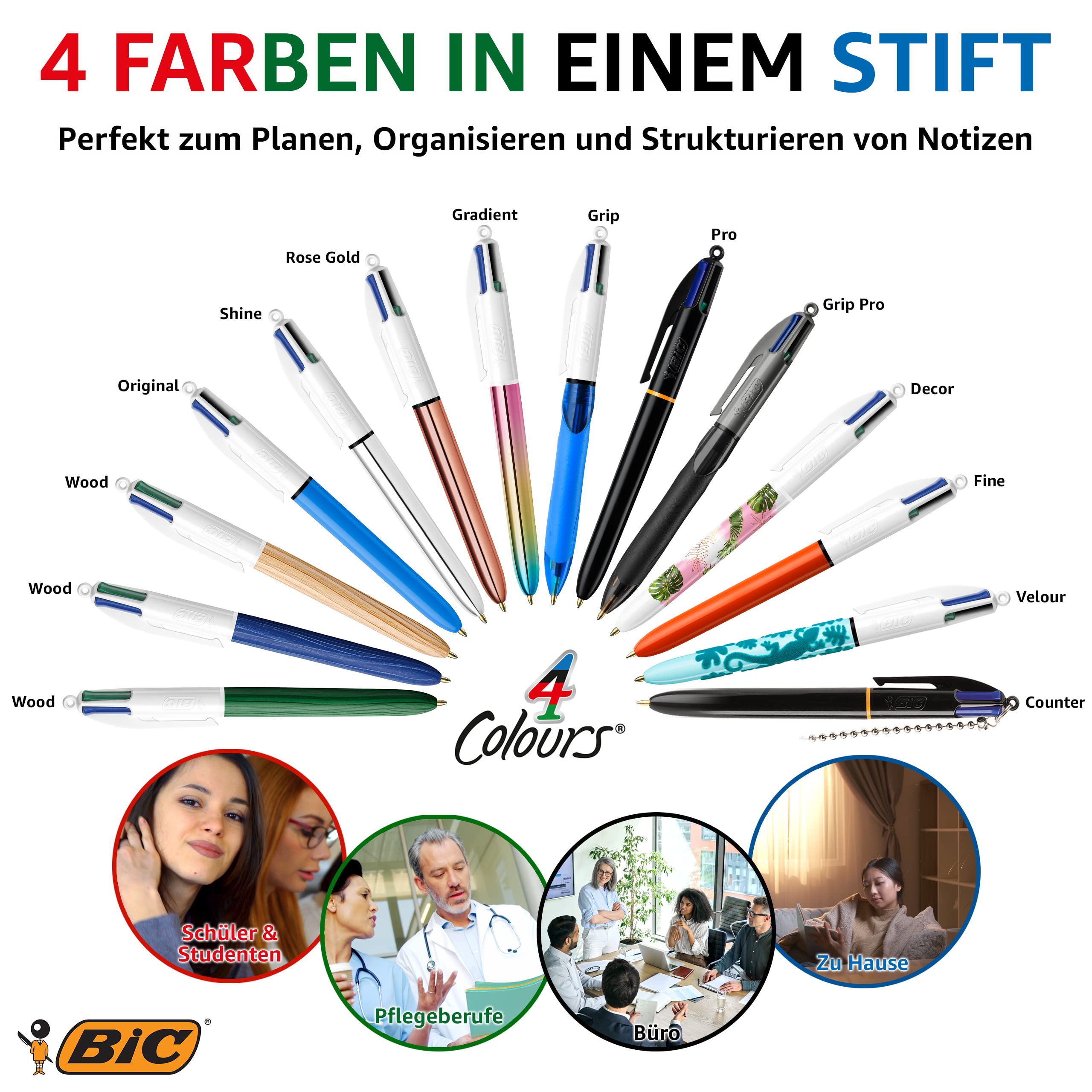 BIC 4 Colours Pens All In One, Multi Coloured Pens All In One, Retractable Ballpoint Pens, Medium 1.0mm, Green, Blue, Red, Black, 5 Pens Per Pack, 1 Pack