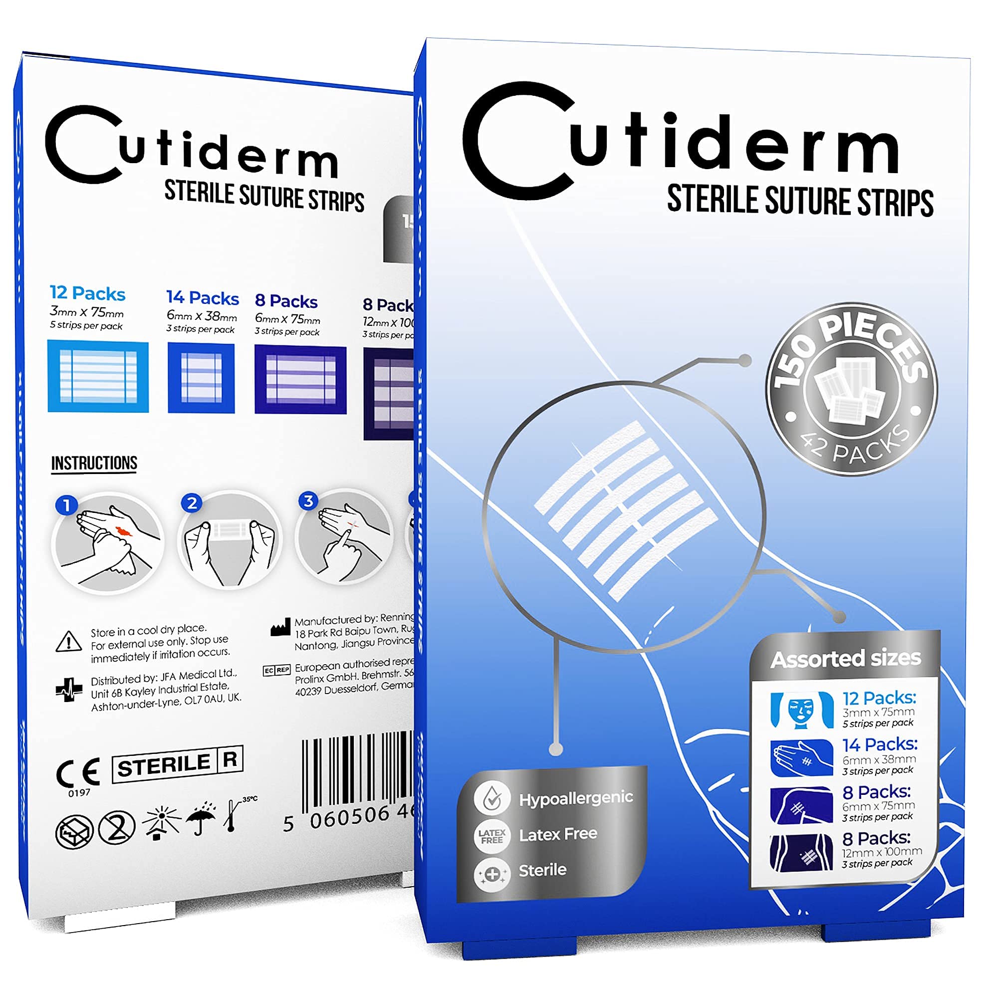 Cutiderm Sterile Skin Wound Closure Suture Strips, 4 sizes - 150 Strips