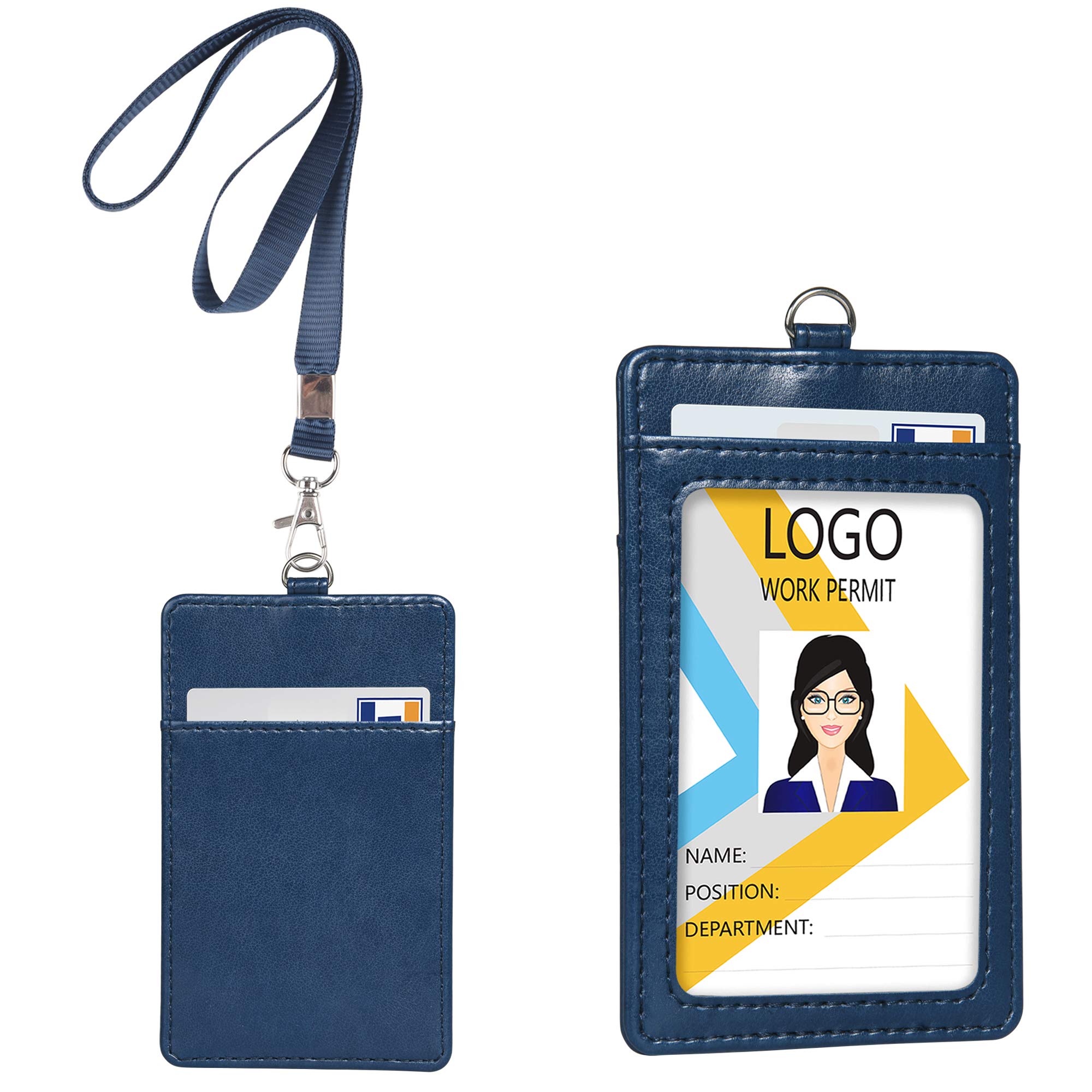 Teskyer Card Holder with Lanyard, ID Badge Holder with Clear Window and Holds 2 Cards, PU Leather Vertical Badge Holder for ID Cards, Offices, Schools, Bus Passes, Blue