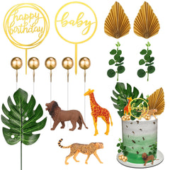 Heyu-Lotus Animal Cake Toppers, 15 PCS Safari Jungle Baby Shower Cake Toppers with Artificial Plam Leaves Eucalyptus Leaves Decors with Lion Giraffe Cheetah for Wild Theme Birthday Baby Shower Party