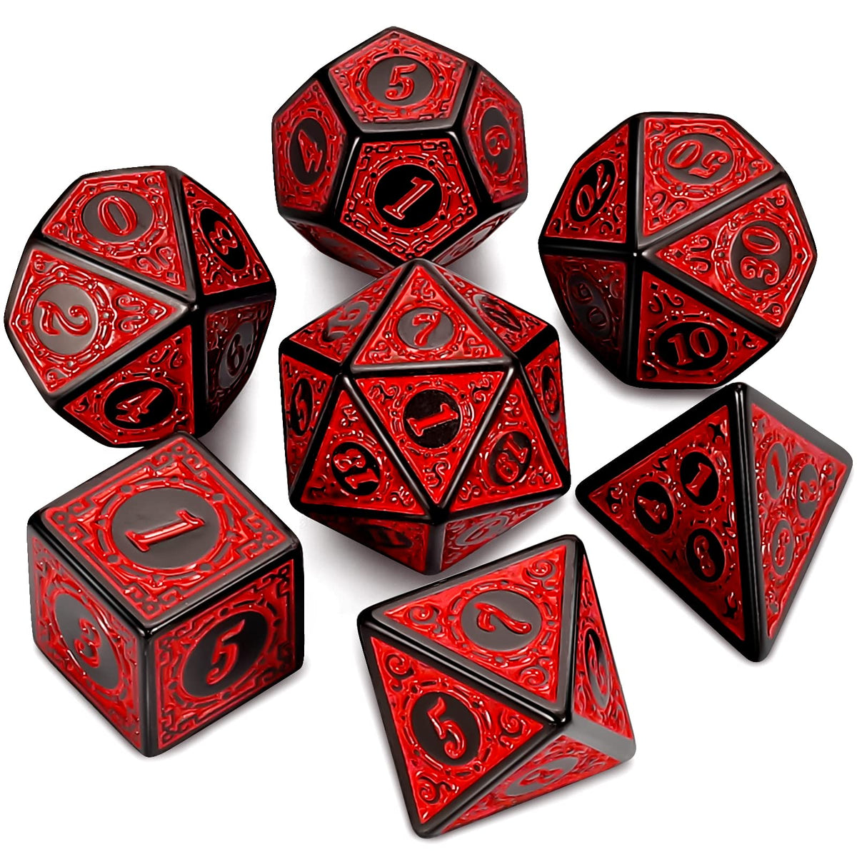 QMAY DND Dice Polyhedral Dice Set - 7 Pieces for Dungeon and Dragons MTG RPG D&D D20, D12, D10, D%, D8, D6, D4 (Red Engraving)