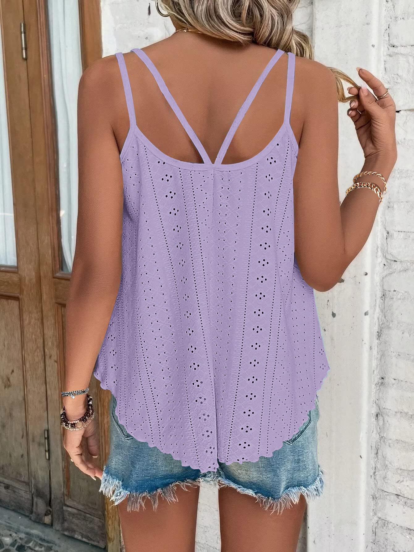 WNEEDU Womens Purple Tank Tops Ladies Summer Sleeveles Shirts Casual Loose Fit Vest Tanks Top for Women Eyelet Embroidery Cami Camisole Purple XL