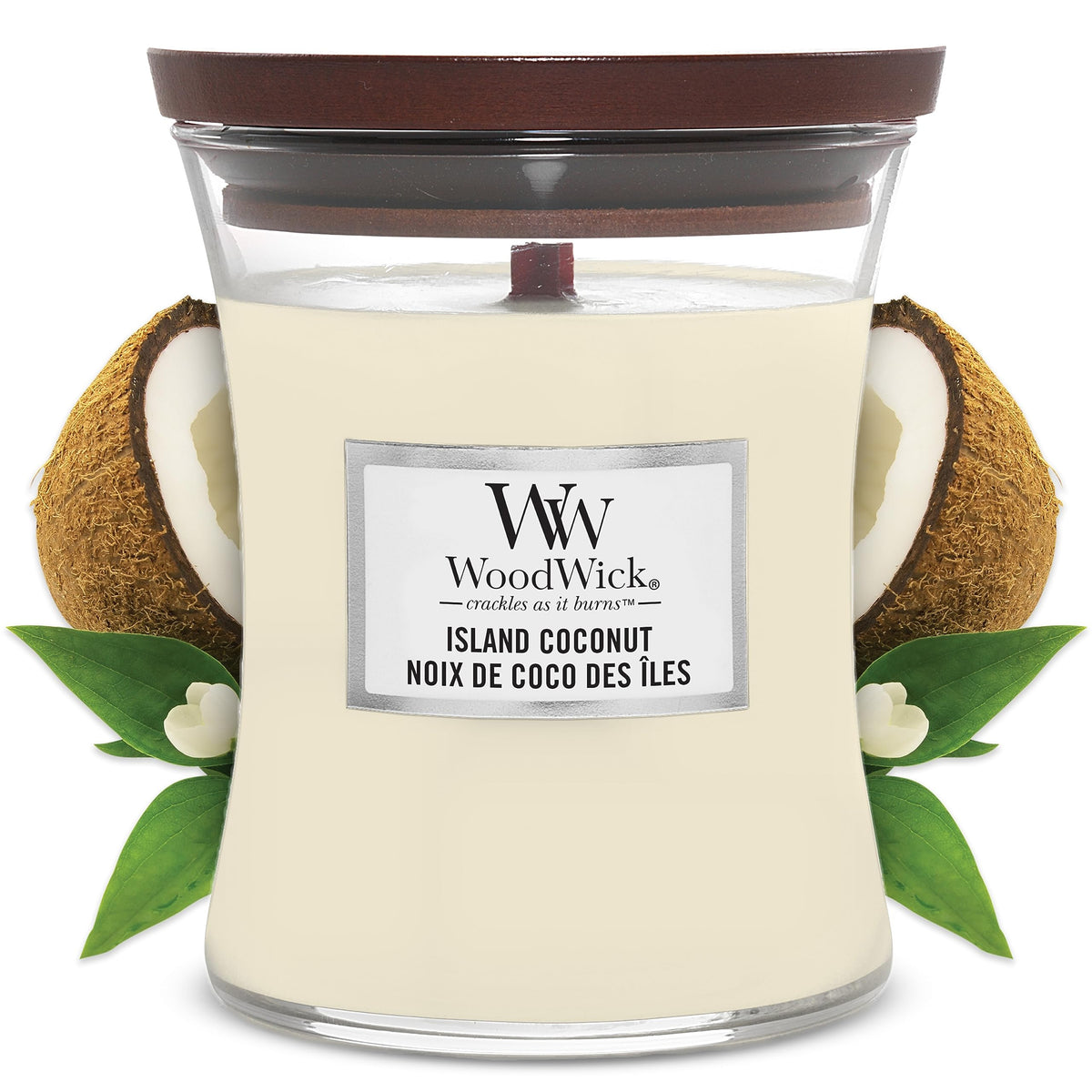 Woodwick Medium Hourglass Scented Candle, Island Coconut, with Crackling Wick, Burn Time: Up to 60 Hours, Island Coconut