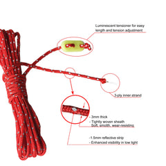 RainbowStone Enhanced Highly Visible Reflective Guy Rope with Luminescent Tensioner 6 * 4m Empire Red