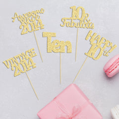 Gyufise 30Pcs Happy 10th Cupcake Toppers Glitter Ten Vintage 2014 Cupcake Picks Cheers to 10 Years Birthday Cake Decorations for Happy 10th Birthday Anniversary Party Supplies Gold