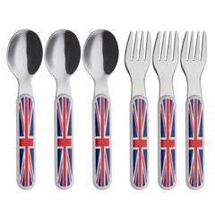 EXZACT Union Jack Kids Cutlery 6pcs Stainless Steel 18/10 Toddler Children's Cutlery - 3 x Forks, 3 x Spoons - BPA Free - Dishwasher Safe - Union Jack