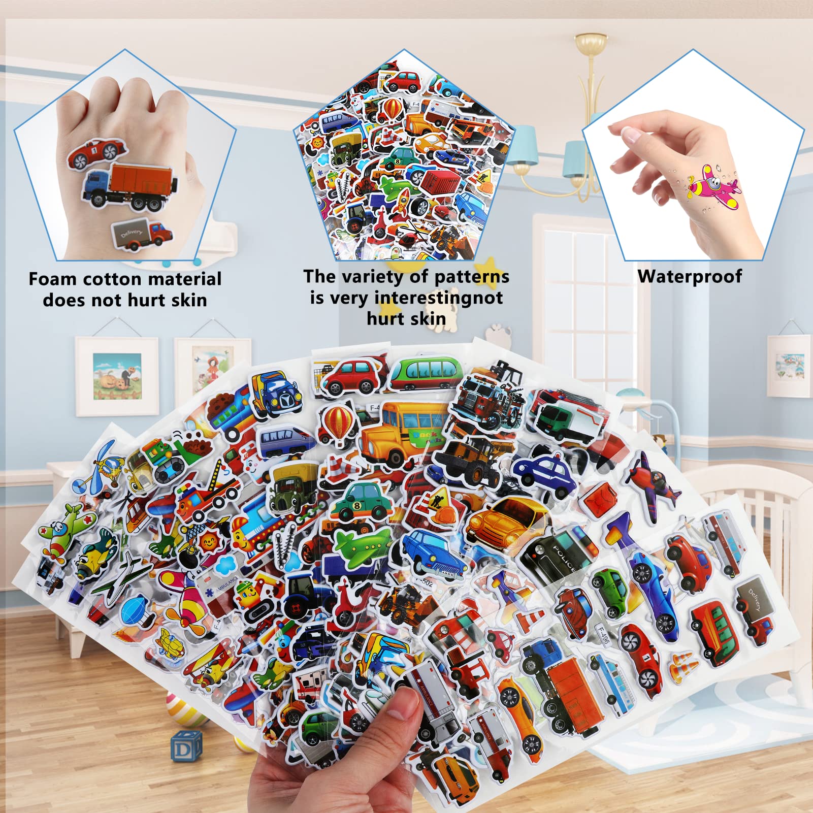 12 Sheets Cars 3D Puffy Stickers, Car Theme Set DIY Decoration Craft Activities and Party Bag Filler Favours-Vehicle Stickers for Kids with Cars Airplane Train Ambulance Fire Trucks and More (car)
