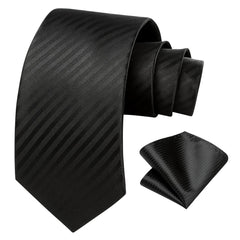 HISDERN Men's Black Tie and Pocket Square Set Silk Striped Ties Formal Classic Elegant Necktie & Handkerchief for Business Wedding Party