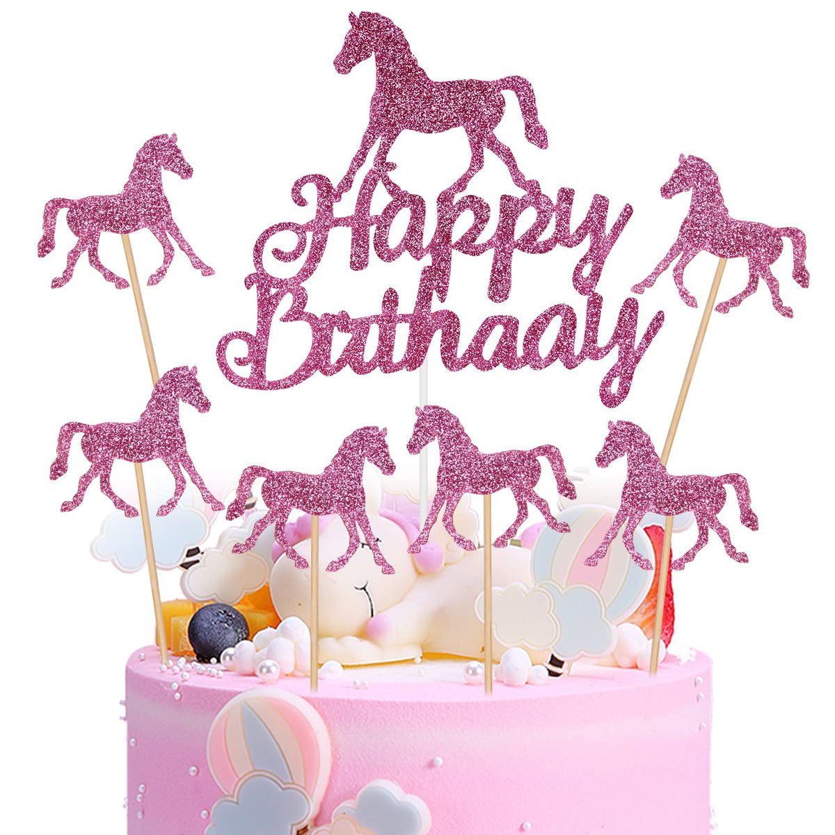 OSDUE 24PCS Happy Birthday Cake Toppers, Pony Theme Party Decorations, Pony Figures Happy Birthday Banner Cake Decors, for Kids Boy Girl, Birthday Shower Party Supplies