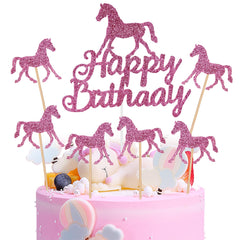 OSDUE 24PCS Happy Birthday Cake Toppers, Pony Theme Party Decorations, Pony Figures Happy Birthday Banner Cake Decors, for Kids Boy Girl, Birthday Shower Party Supplies