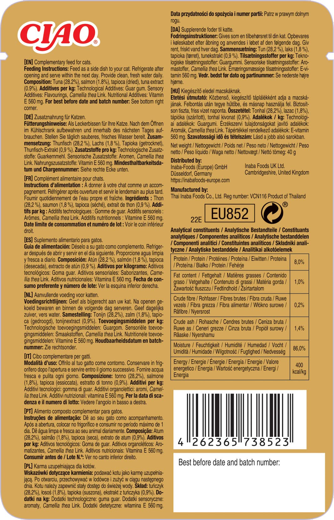 Ciao Bisque by INABA Cat Treat - Tuna and Salmon- 1 Pack (40g total) / Moist Cat Treat, Delicious & Healthy Snack, Puree Food Topper, Side Dish, Complement, Natural, Grain Free