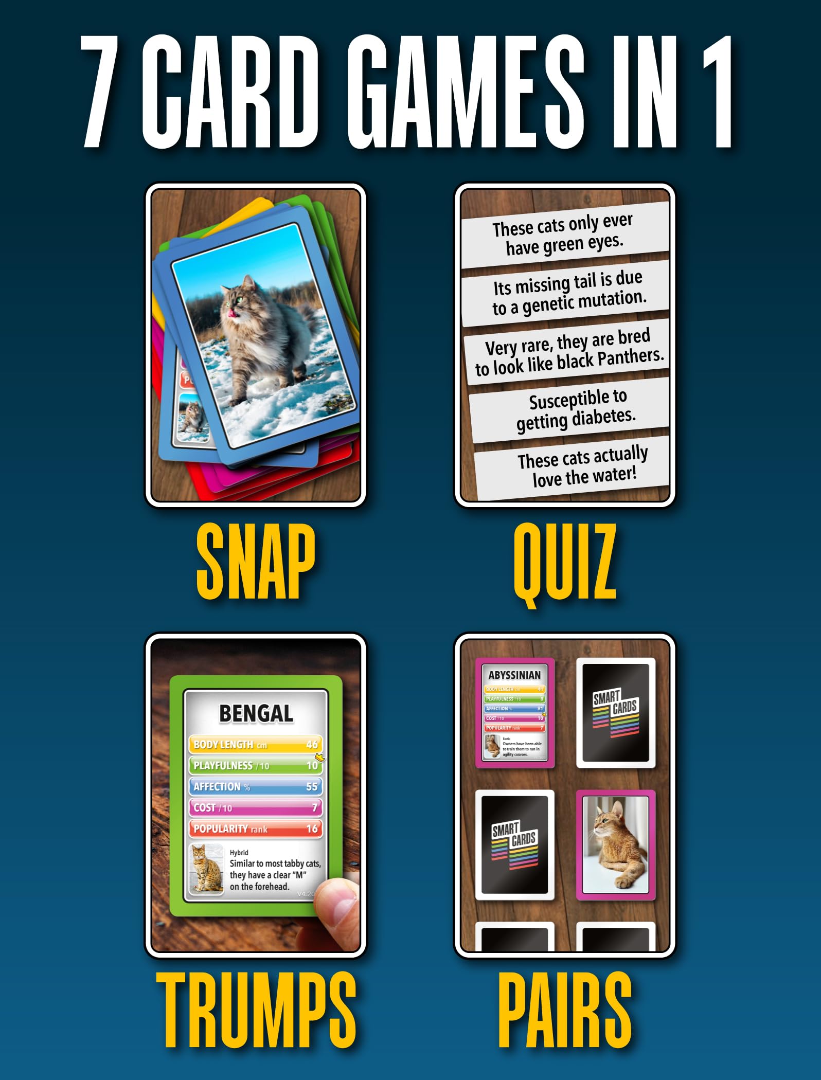 100 PICS SMART CARDS Cats 7 games in 1, Pairs, Snap, Trumps, Rummy, Memory Quiz, Learn Facts, Travel Game, Gift, Stocking Filler, Age 5and, 1-8 Players