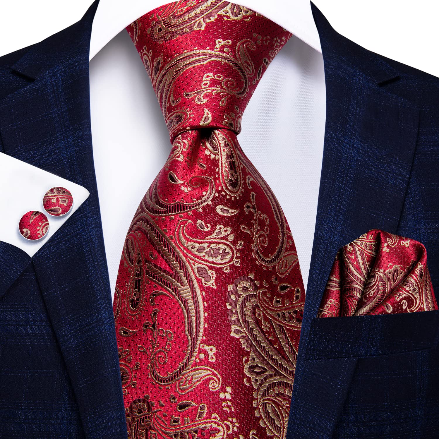 Hi-Tie Gold Red Paisley Men Ties for Wedding Woven Silk Tie Set Pocket Square & Cufflinks Business Party