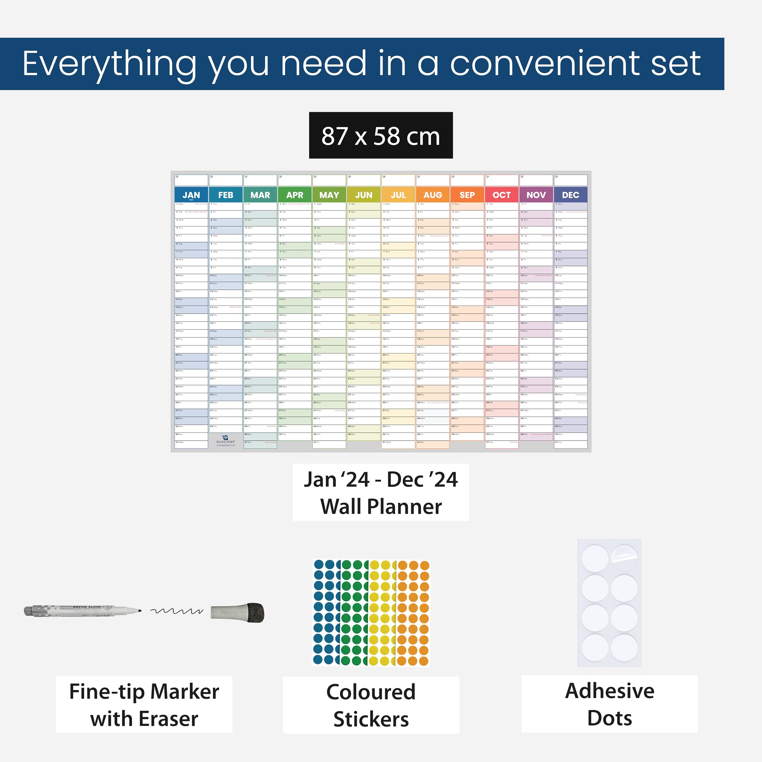 Large 2024 Wall Planner Set A1 Size (86 x 59cm) Laminated Folded Wall Calendar Pen Eraser Adhesive Dots & Stickers Family School Office by Glacient