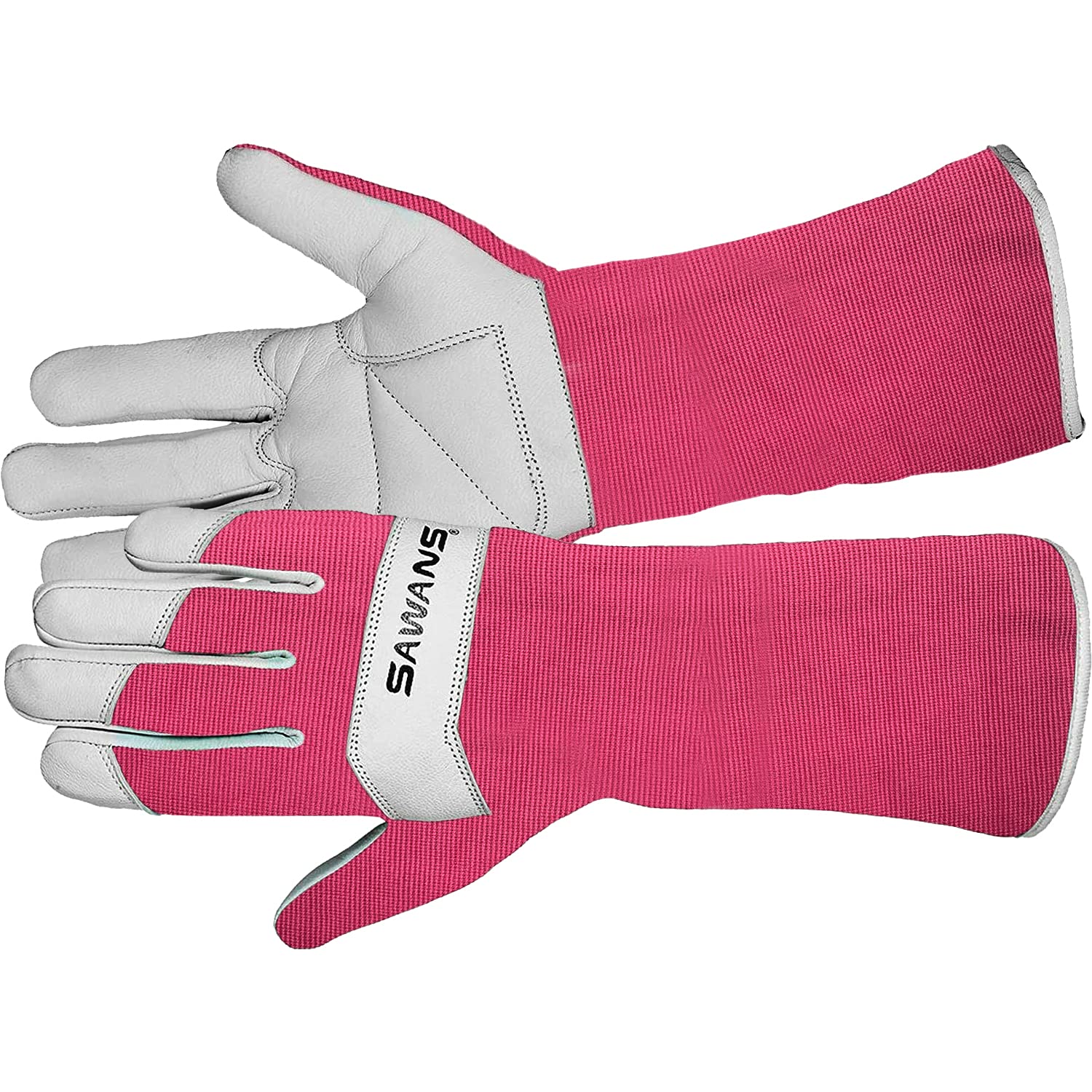 SAWANS Long Gardening Gloves Leather Ladies Men Women Durable Goatskin Garden Gloves Forearm Protection Thorn Proof Gardener Work Spandex Sleeves Rose Pruning Gift (Pink, M)