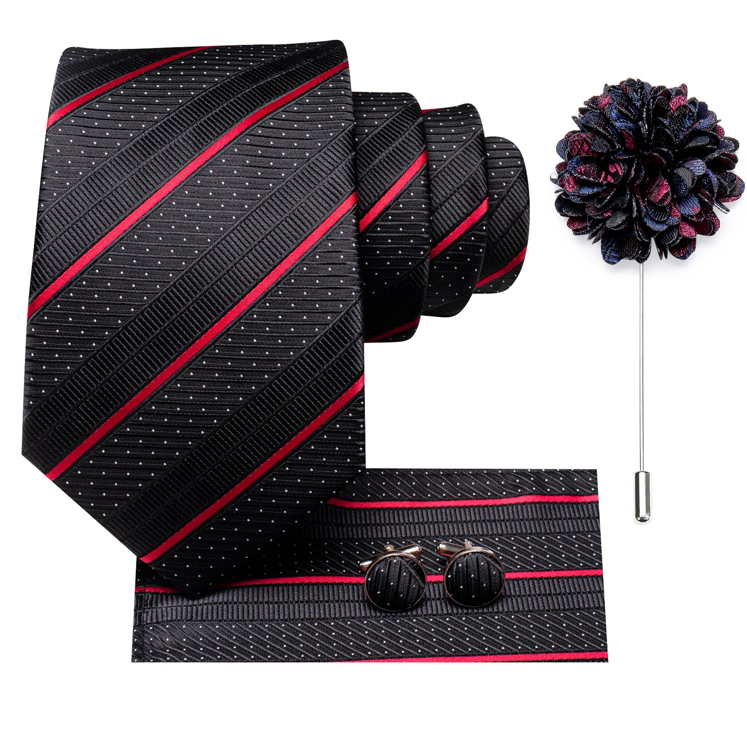 Hi-Tie Black Red Ties for Men Silk Striped Mens Ties and Flower Lapel Pin Necktie Handkerchief Cufflinks Set for Wedding