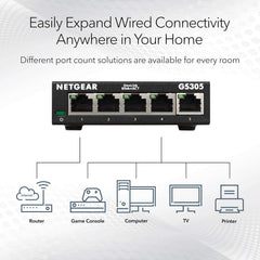 NETGEAR 5 Port Gigabit Network Switch (GS305) - Ethernet Splitter - Ethernet Switch - Ethernet Hub - Plug-and-Play - Silent Operation - Desktop or Wall Mount