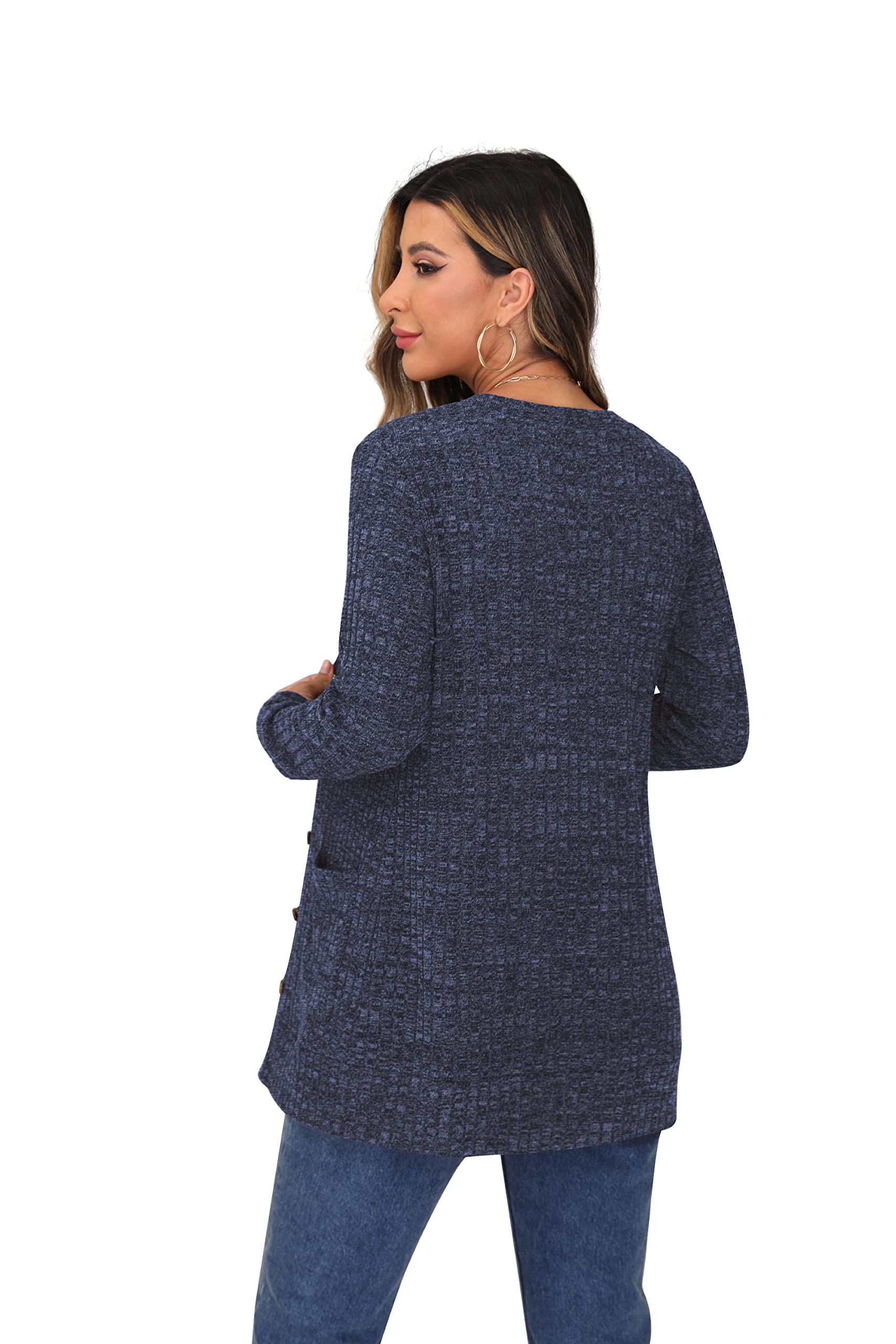 GRECERELLE Womens Cardigan Long Sleeve Open Front Cardigans Button Down V Neck Ribbed Knit Lightweight Outerwear with Pocket (Navy Blue, XXL)