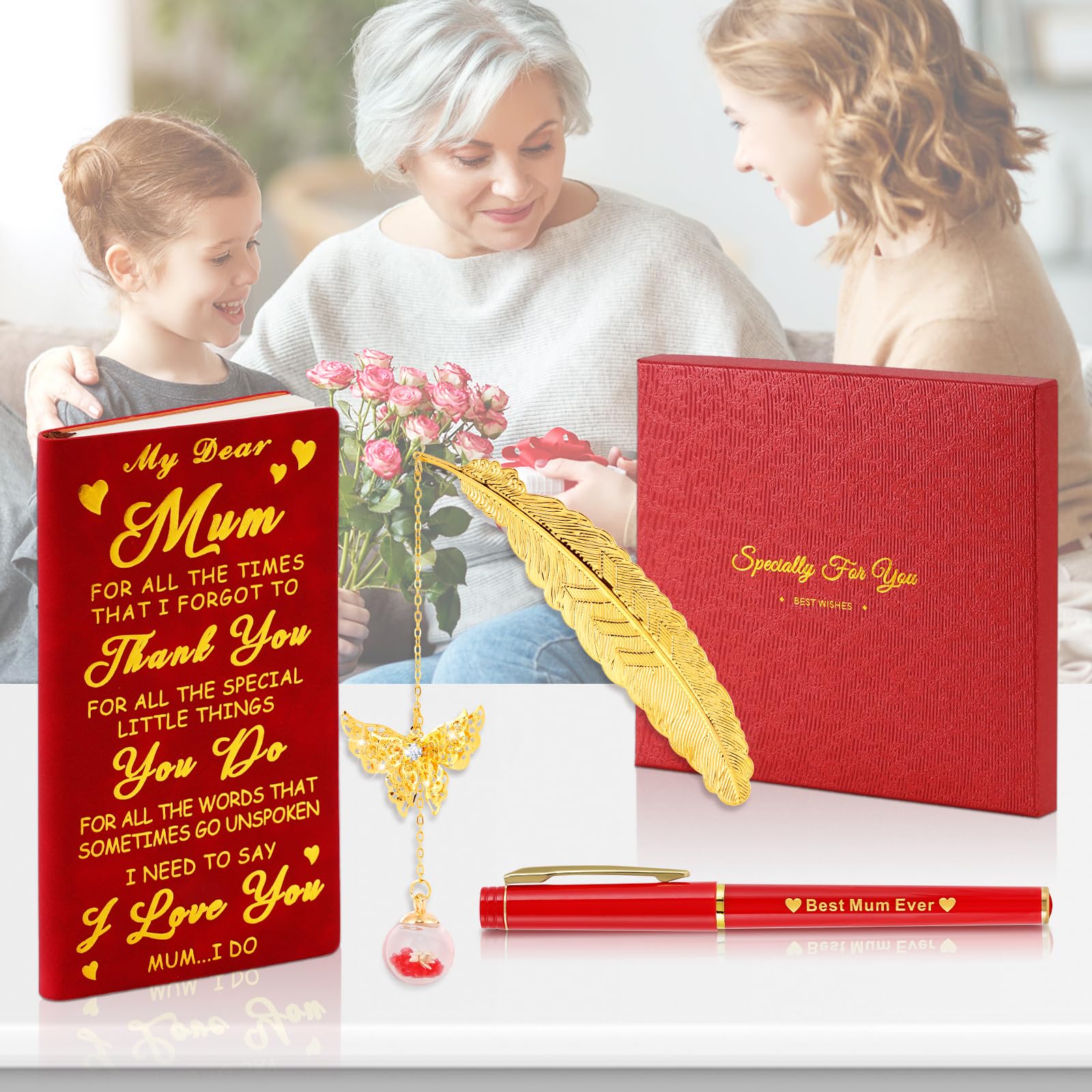 Echehi Birthday Gifts For Mum, Mum Presents For Birthday, A6 Journal With Touching Sayings, Ballpoint Pen, Feather Bookmark, Gift Box, Mum Gifts From Daughter Son