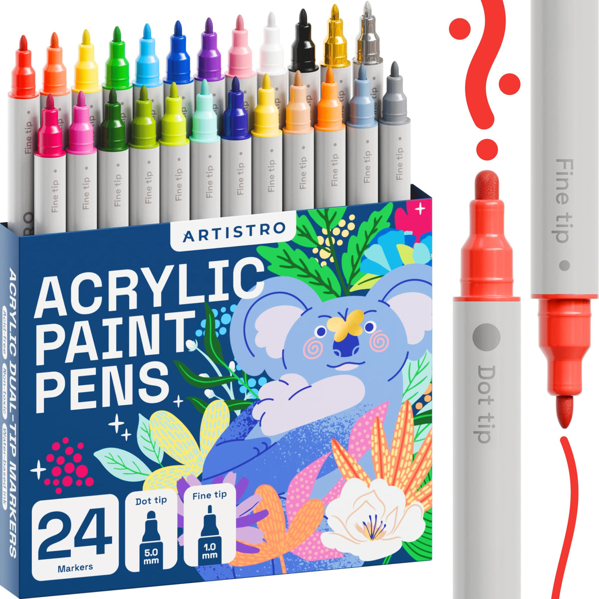 ARTISTRO 24 Colors Acrylic Paint Pens, Art set Acrylic Paint Markers Dual Tip (Fine 1mm and Dot 5mm), Acrylic Markers for Fabric, Canvas, Rock, Glass, Wood, Paper, DIY, Paint Markers for Kids and Adults