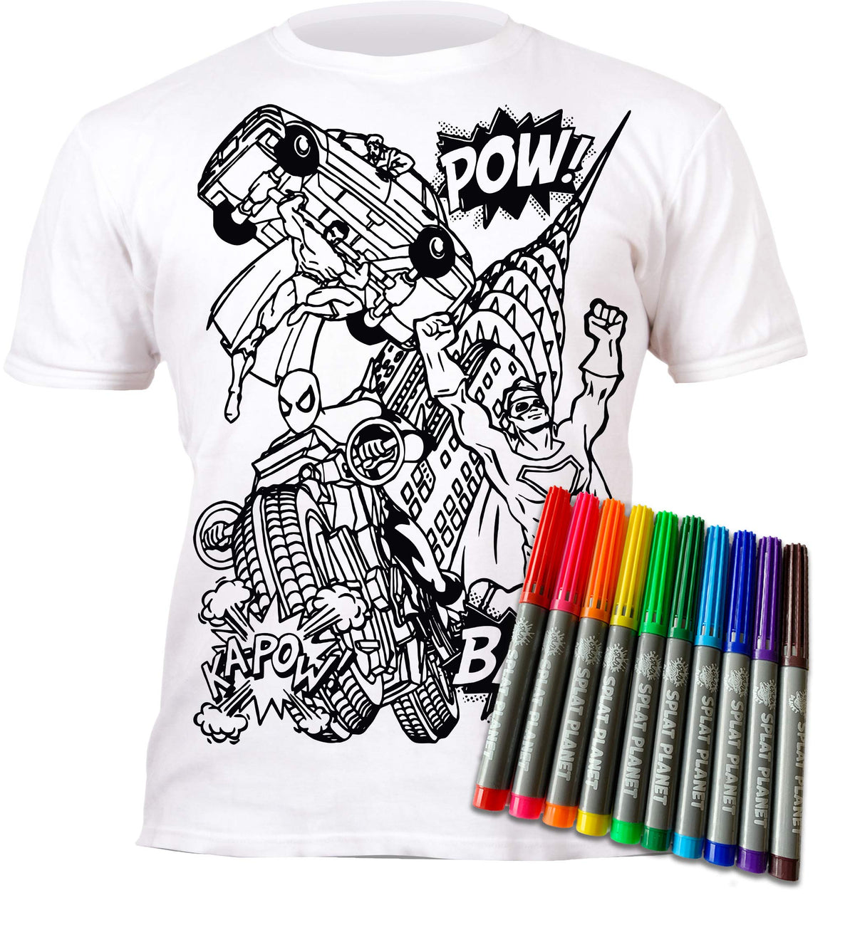 Splat Planet Colour-in Superhero Super Hero T-Shirt with 10 Non-Toxic Washable Magic Pens - Colour-in and Wash Out T-Shirt (Age 5-6) White