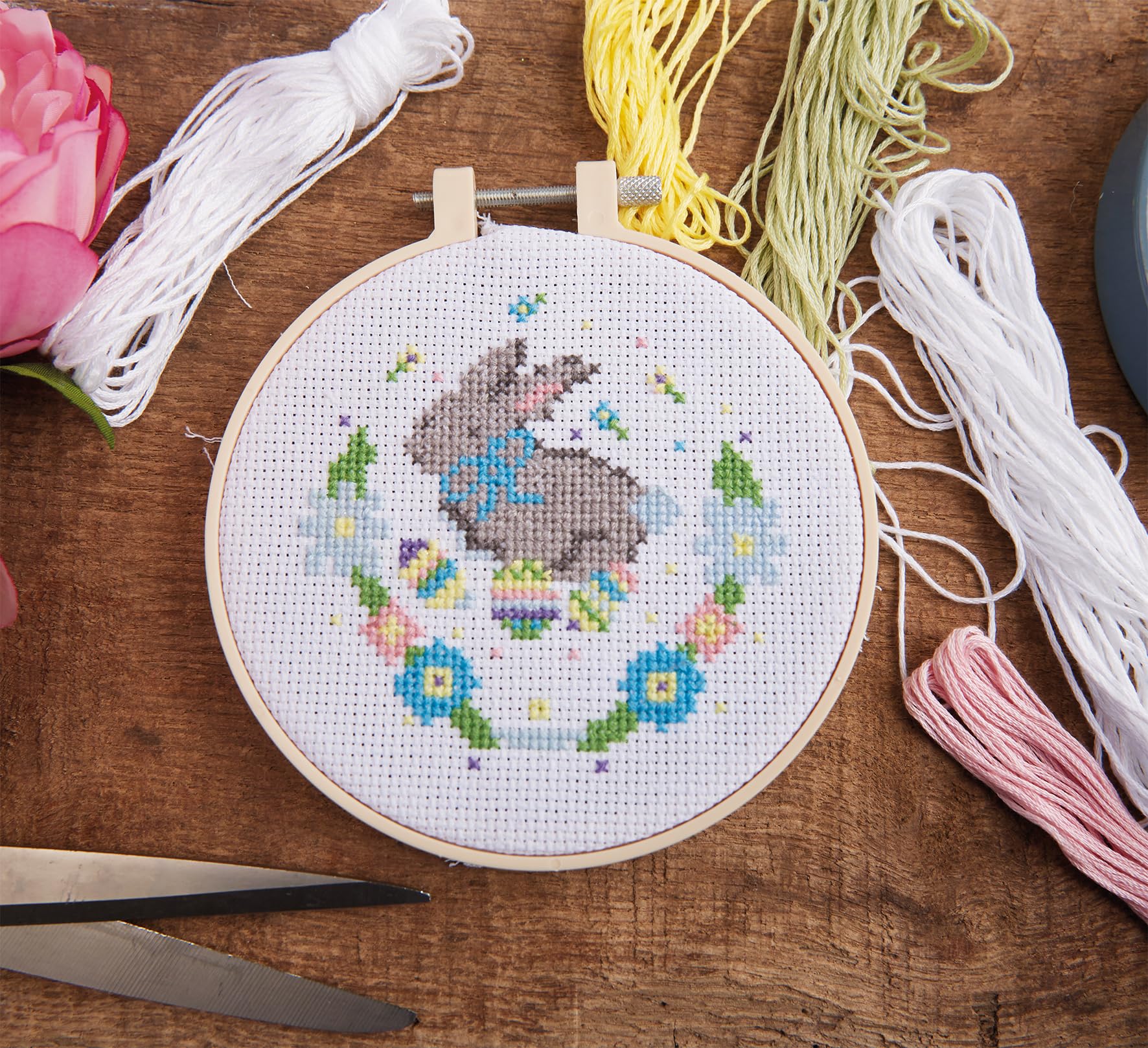 Simply Make Cross Stitch Kit - Spring Bunny Design for Kids and Adults, Including Hoop, Embroidery Thread, Fabric and Needle - Perfect for Adult Crafts and Beginners - Starter Cross Stitch Craft Kit