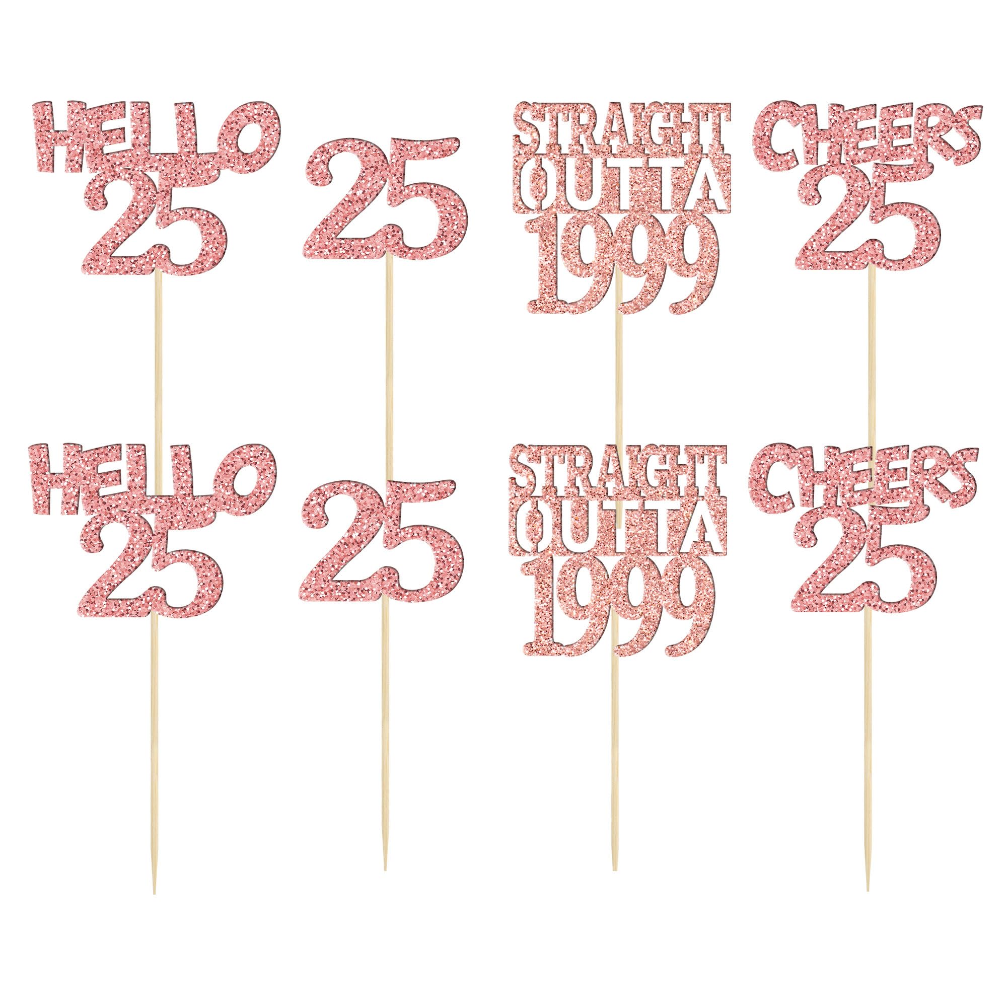 Gyufise 24Pcs Cheers to 25 Years Birthday Cupcake Toppers Glitter Twenty-five Straight Outta 1999 Cupcake Picks Happy 25th Cake Decorations for Happy 25th Birthday Anniversary Party Supplies Rose Gold