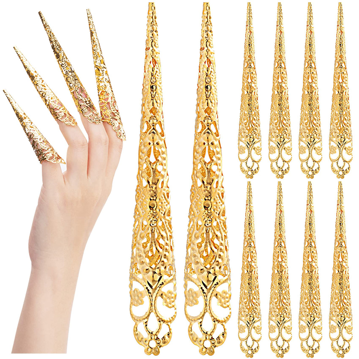 ANCIRS 20 Pack Finger Nail Tip Claw Rings, Ancient Queen Costume Fingertip Claw Nail Rings Decoration Accessory, Golden Color Finger Knuckle Protectors for Halloween Cosplay Drama Dance Show