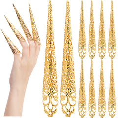 ANCIRS 20 Pack Finger Nail Tip Claw Rings, Ancient Queen Costume Fingertip Claw Nail Rings Decoration Accessory, Golden Color Finger Knuckle Protectors for Halloween Cosplay Drama Dance Show