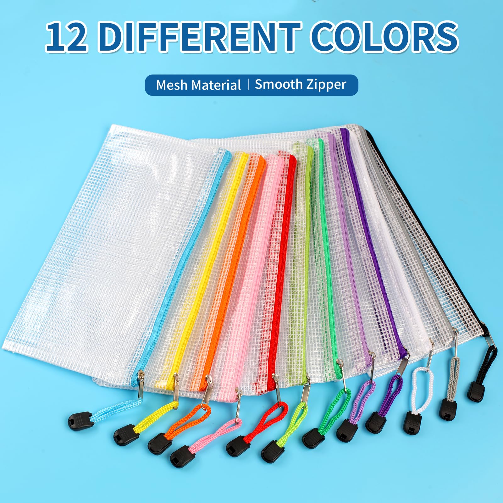 Pencil Case - Set of 12 Clear Zipper Pouches, Plastic Wallets, Waterproof Grid Design for Cards, Cash, Receipt, Stationery (240x110mm)