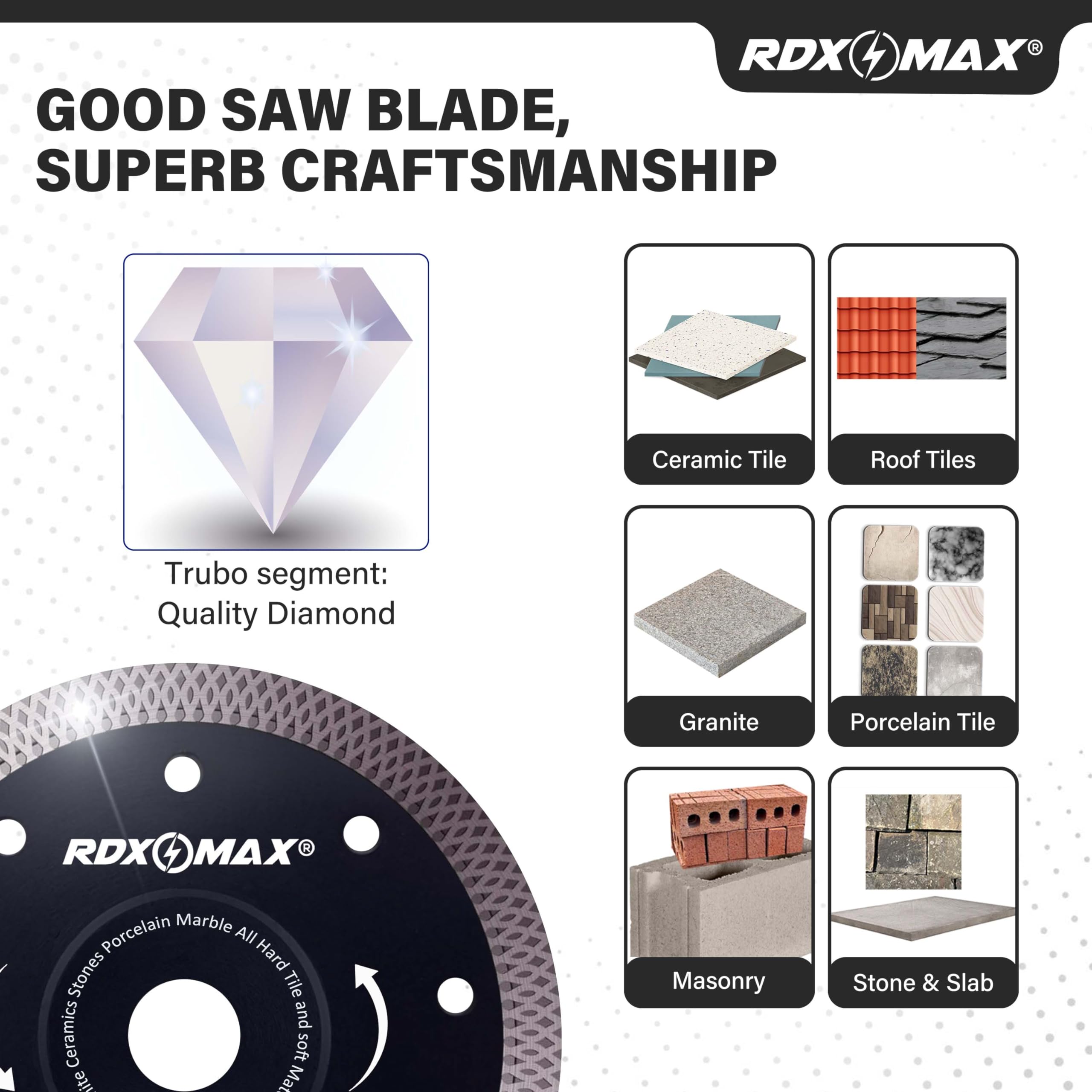 RDXMAX ® 125mm Diamond Cutting Discs for Angle Grinder - Super Thin Fast, Clean Cut on Porcelain, Granite, Marble, Concrete, Tiles, Stones, Bricks & Ceramics- 4.5 inches Wheel - Size 125 x 1.4 x 22.23mm