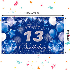 Pinenuts Happy 13th Birthday Backdrop Banner Blue 13th Birthday Decorations for Boys Girls, Large Fabric Birthday Photo Background Birthday Sign Poster, 3.6 x 6.1 ft