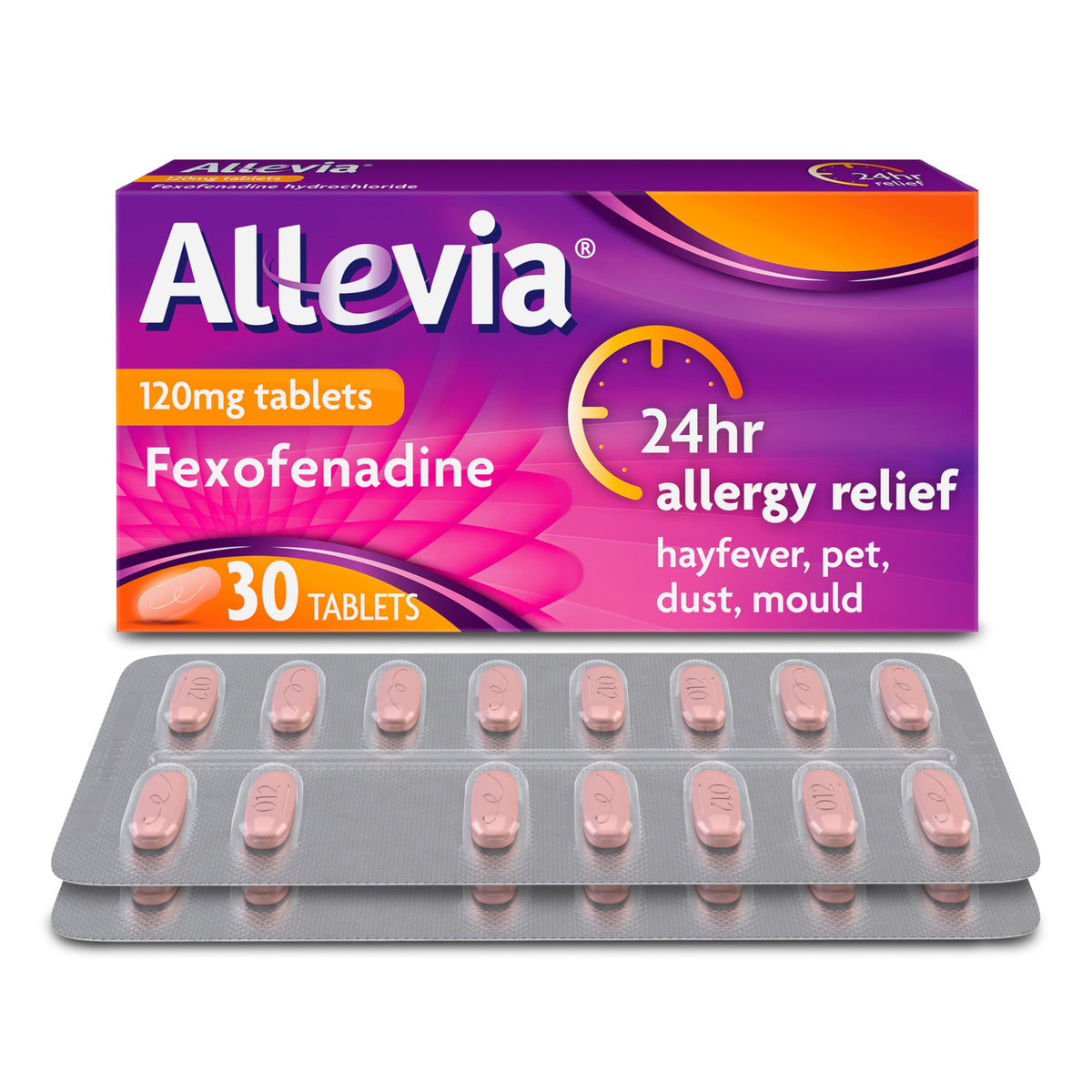 Allevia Hayfever Allergy Tablets, Prescription Strength 120mg Fexofenadine, 24hr Relief Acts Within 1 Hour, Including Sneezing, Watery Eyes, Itchy & Runny Nose, 30 Tablets