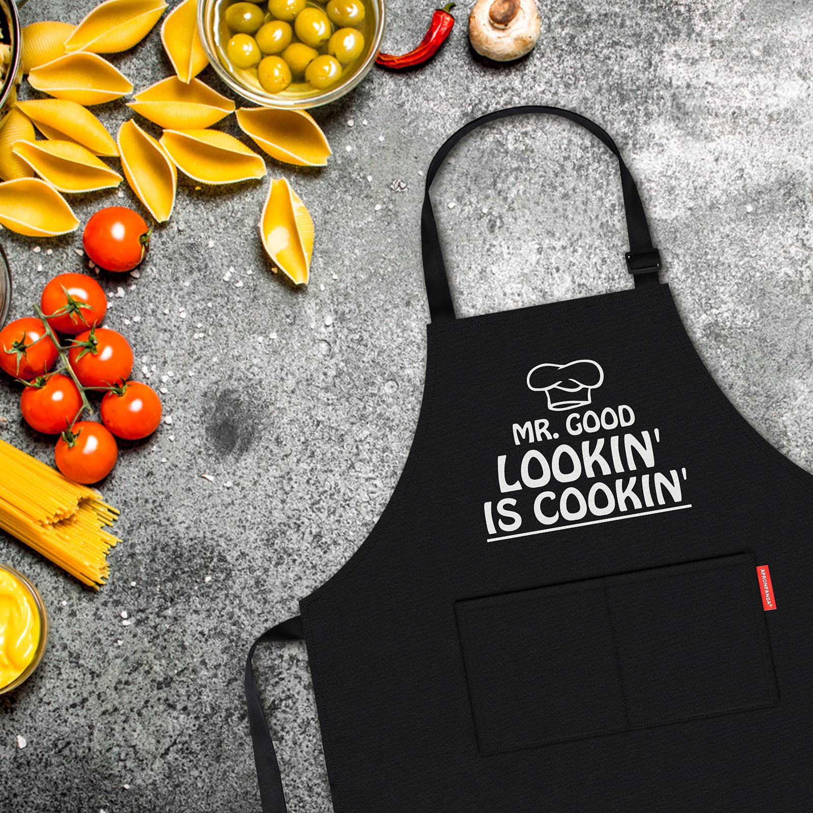 APRONPANDA Cooking Aprons for Men with Pockets, Adjustable Apron for Home Kitchen, BBQ Grilling, Cooking Gifts for Men Chef, Christmas Gifts for Men, Dad, Husband, Grandad Birthday Gifts