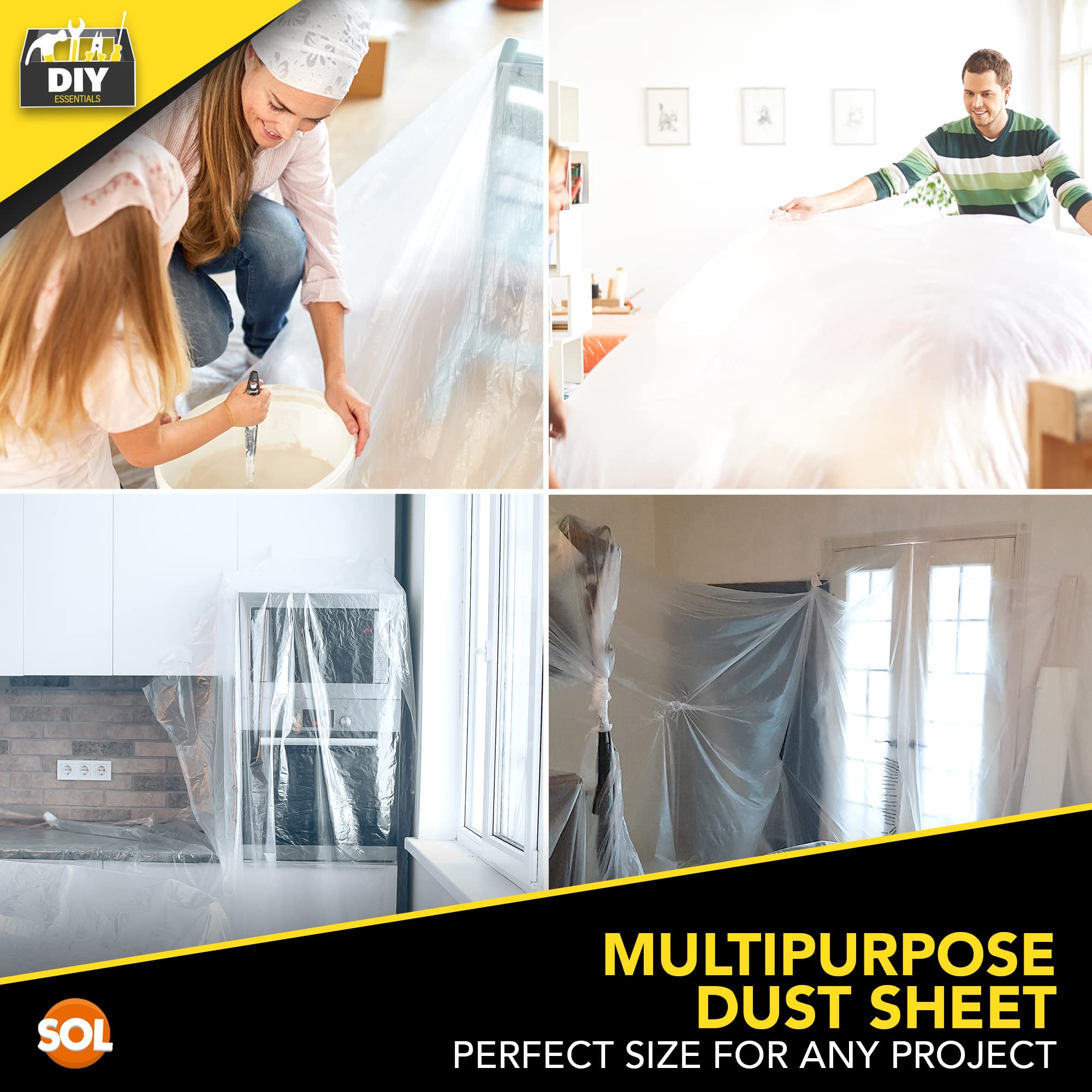 4pk Plastic Dust Sheets for Decorating   3.6m x 2.7m Large Dust Sheets for Furniture   Dust Sheet Plastic Sheets for Painting   Dust Sheets for Painting Plastic Sheeting for Decorating   Plastic Sheet