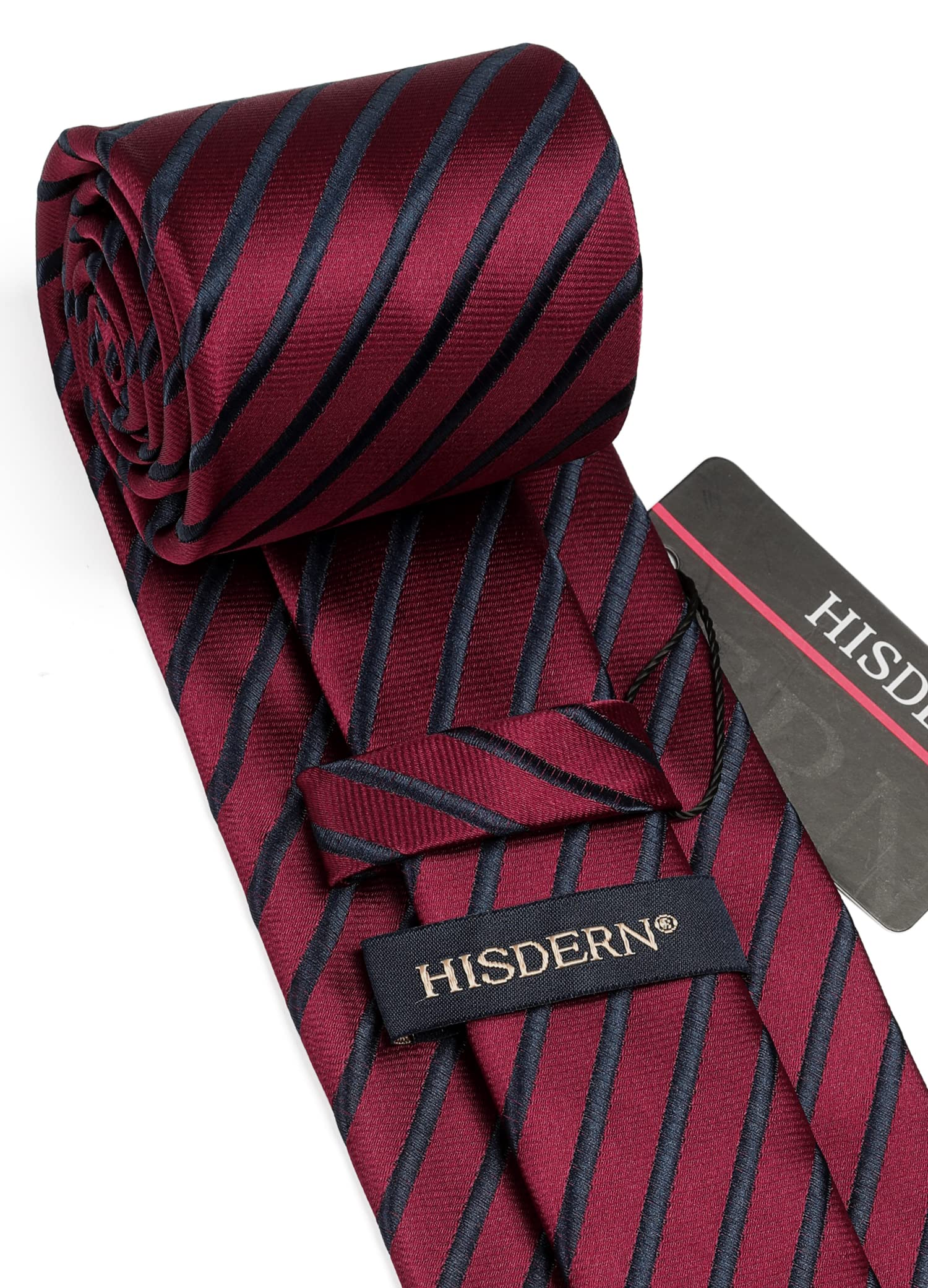 HISDERN Men's Ties Black & Burgundy Tie and Pocket Square Set Striped Formal Classic Elegant Necktie & Handkerchief for Business Wedding Party