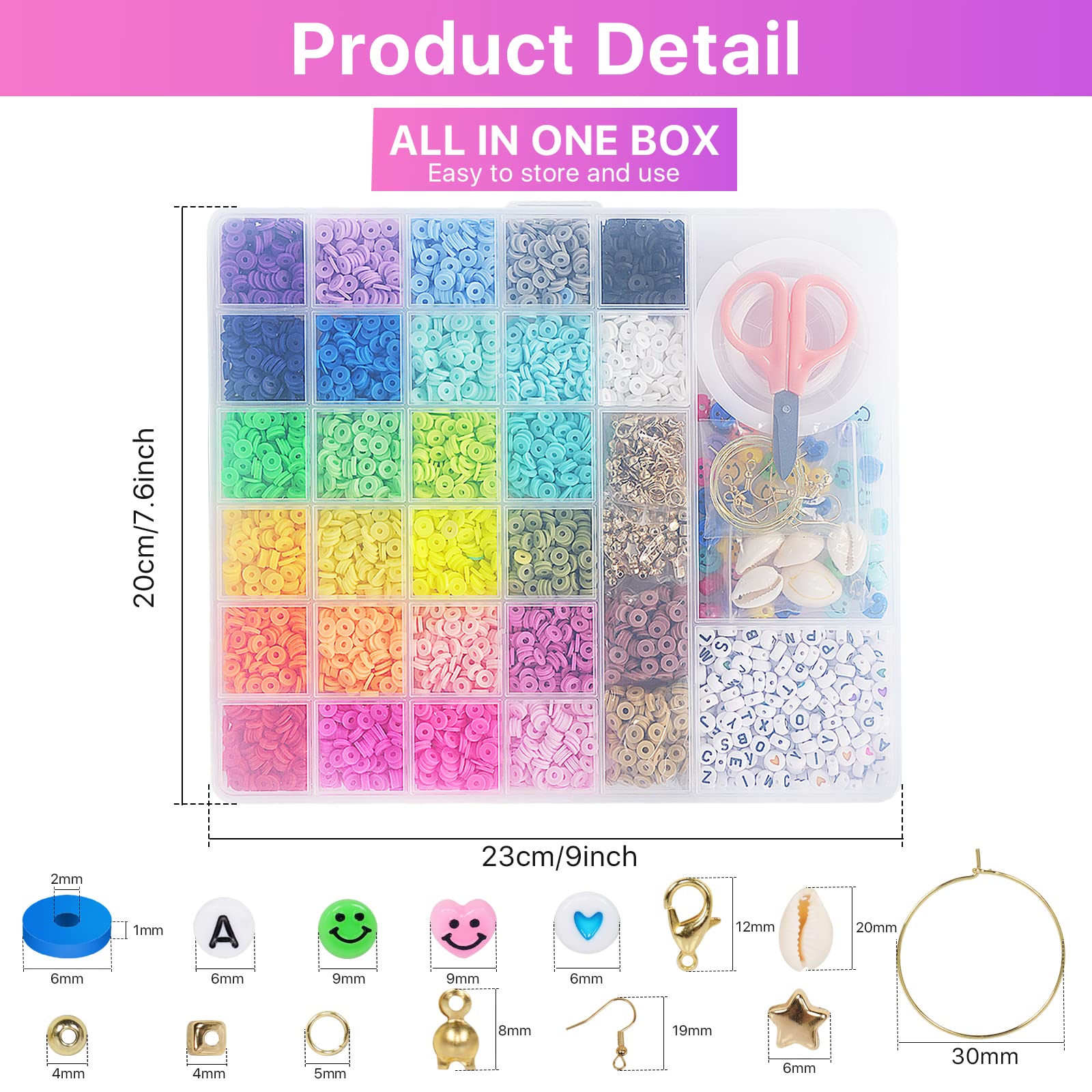 Moyofree 6380Pcs Clay Beads Kit, 28 Colors Flat Round Polymer Clay Beads for Jewelry Making, 6mm Heishi Clay Spacer Beads for Bracelet Necklace Earring DIY with Letter Beads for Kids Adults