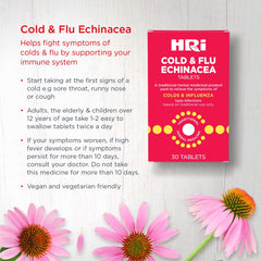 HRI Cold and Flu Echinacea - 30 Tablets. to Relieve The Symptoms of Colds and Flu Type Infections. 338 to 450 mg of Echinacea Purpurea. 1 Pack