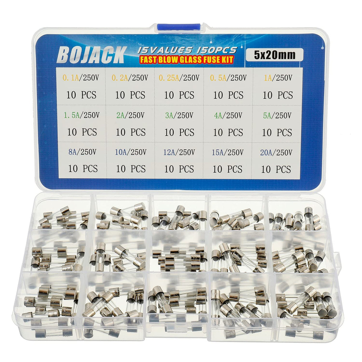 BOJACK 15 Values 150pcs Fast blow Glass Fuses Assortment Kit 5x20mm 250V 0.1 0.2 0.25 0.5 1 1.5 2 3 4 5 8 10 12 15 20A packag in a clear plastic box